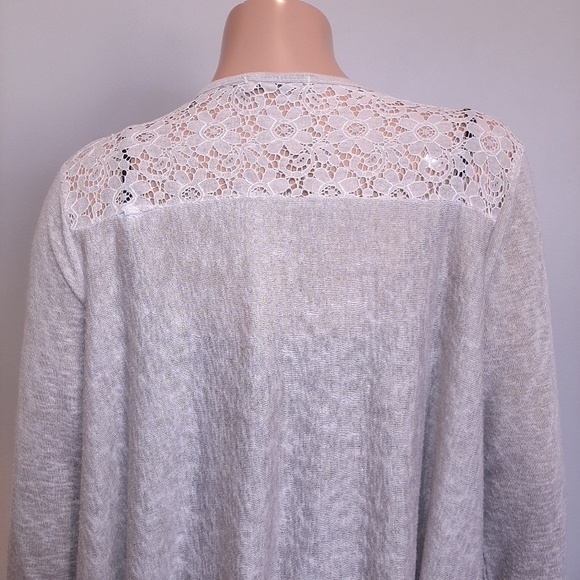 ELENA BALDI Floral Lace Open Front Cardigan Long Sleeve Hankerchief Hem Taupe - Picture 8 of 12